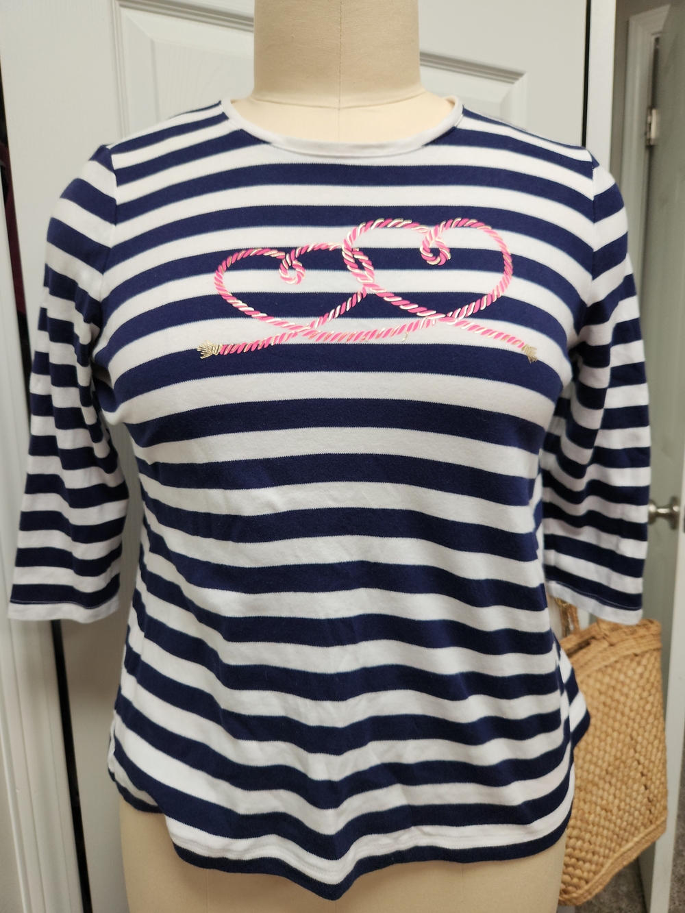 Kim Rogers Navy & White Striped Long Sleeve Top with Pink Rope Heart
